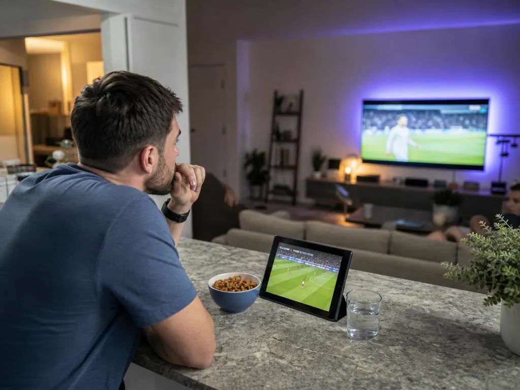 Tablet on a kitchen counter playing a live channel