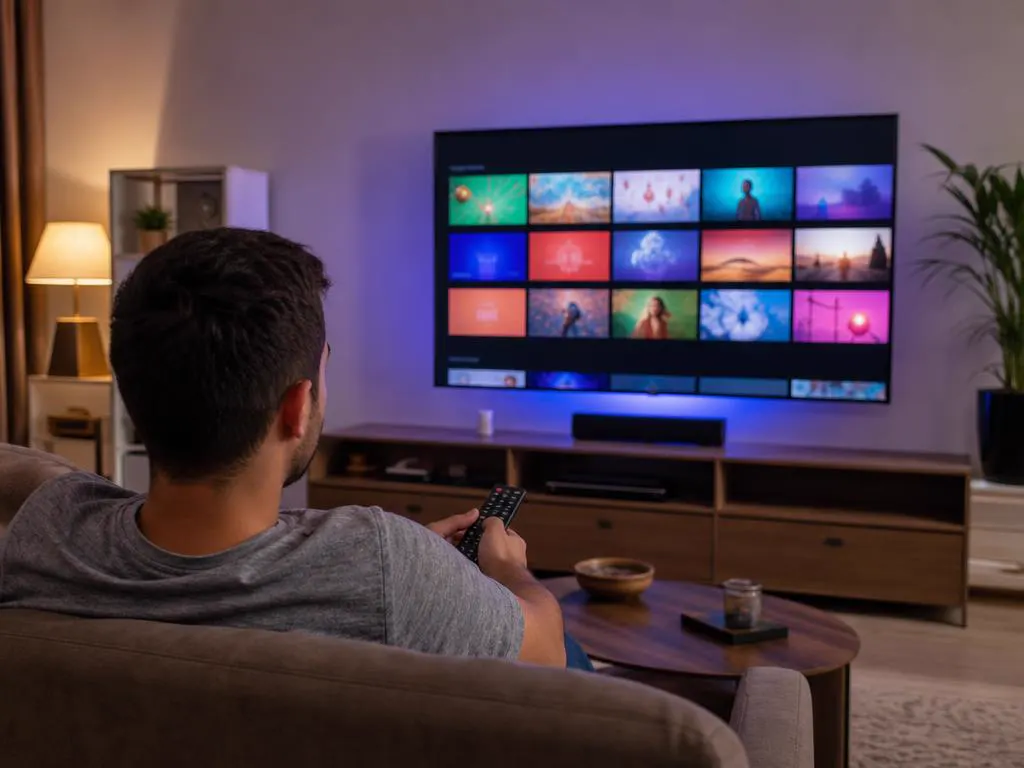 Living room TV showing an IPTV Smarters M3U channel list sorted by category