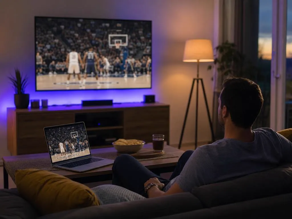 Laptop mirroring a live sports channel to a large living-room TV