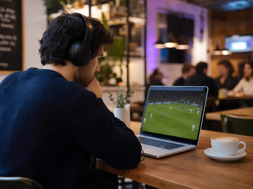 Man watching a game on a laptop in a cafe with headphones