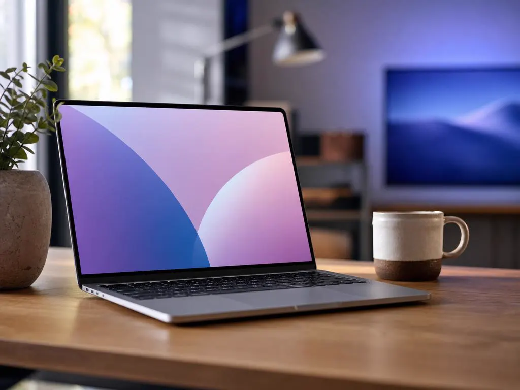 Close-up of a silver laptop on a wooden desk with a coffee cup, soft daylight
