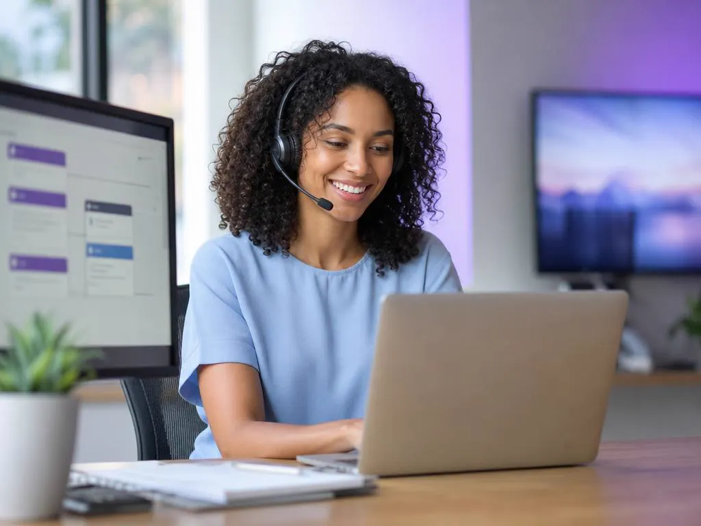 Support specialist with a headset smiling at a laptop in a bright office