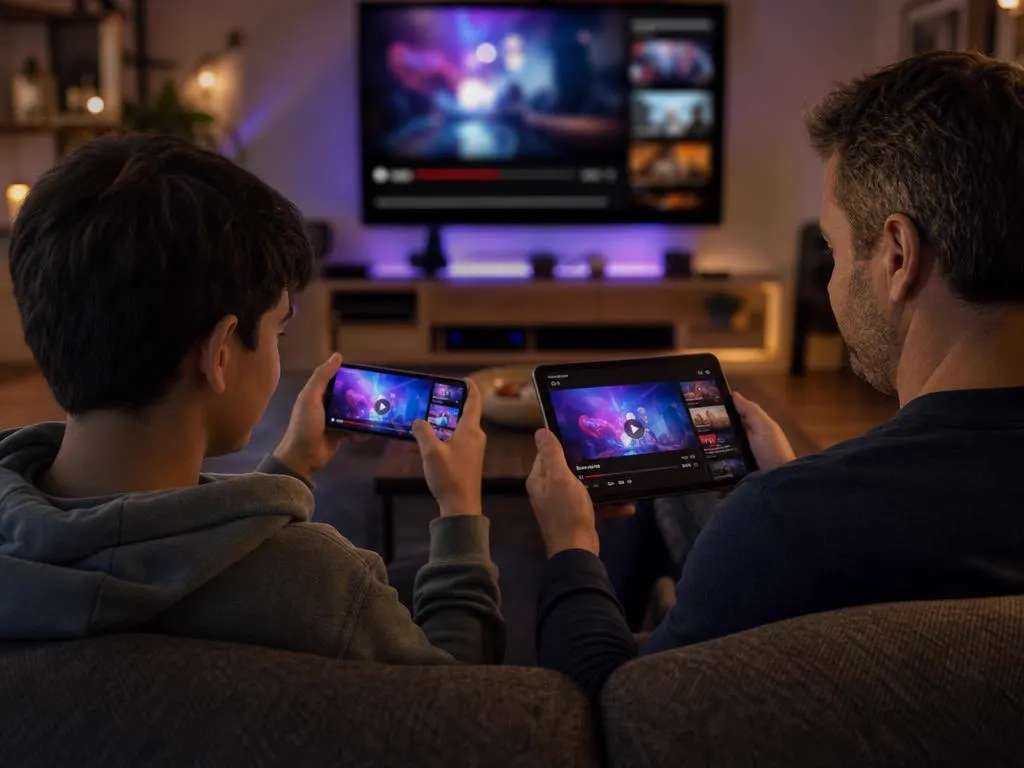 Family sharing an iPad and an iPhone on the sofa with a TV behind them