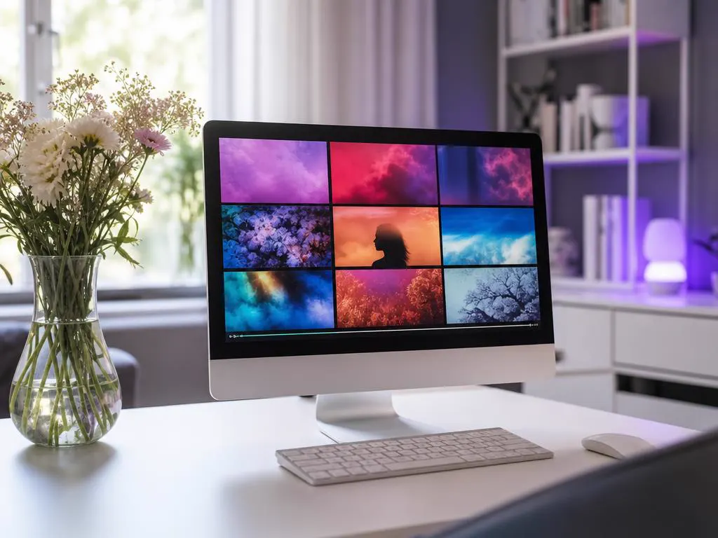 All-in-one desktop computer in a calm home office showing an abstract video grid