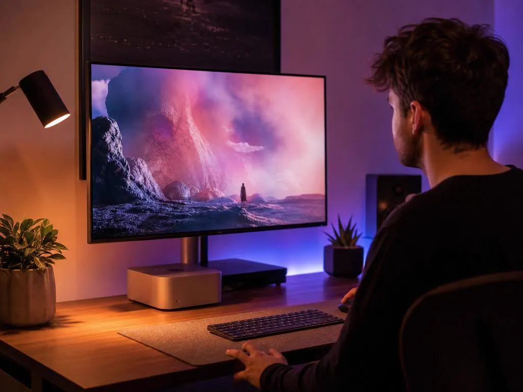 Compact desktop computer under a large monitor showing a movie