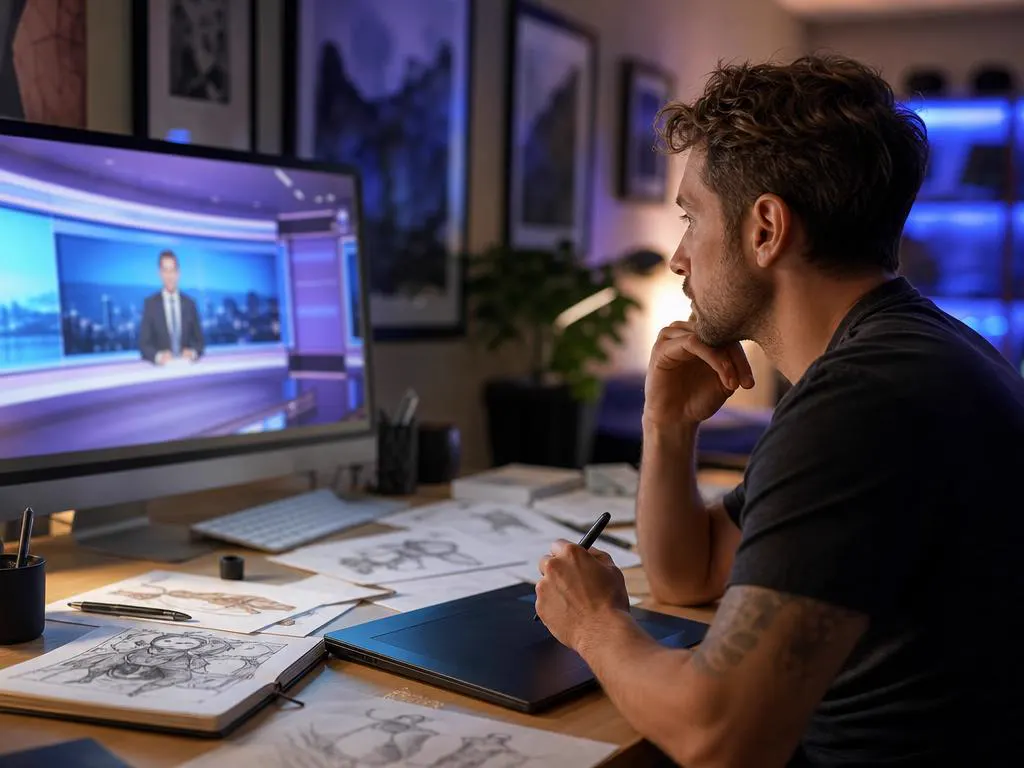 Creative studio with a large desktop display showing a live news channel