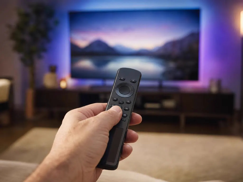 Télécommande de Smart TV pointée vers une grande TV dans un salon lumineux