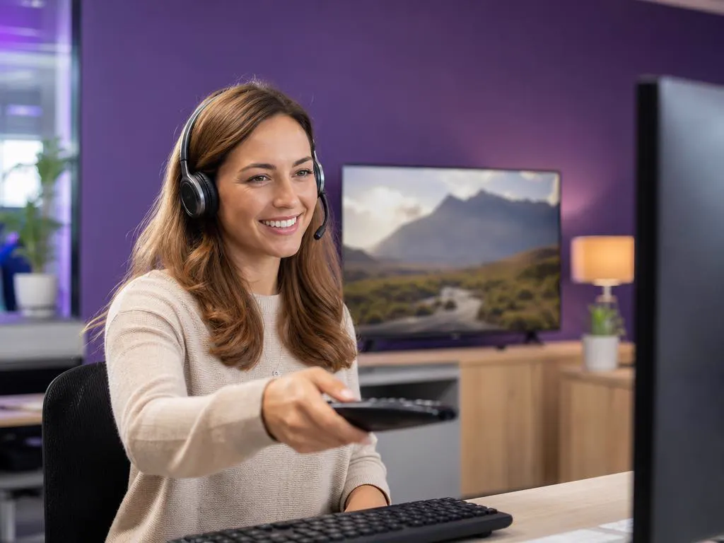 Conseillère support qui aide à installer une Smart TV