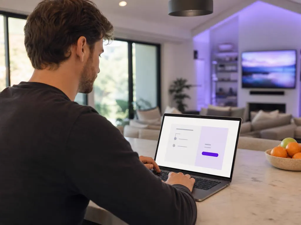 Person completing an online checkout on a laptop on a kitchen counter, card not visible