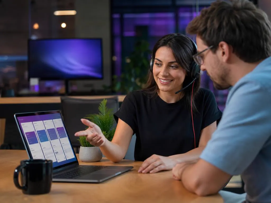 Support specialist with a headset smiling while helping a customer on a laptop