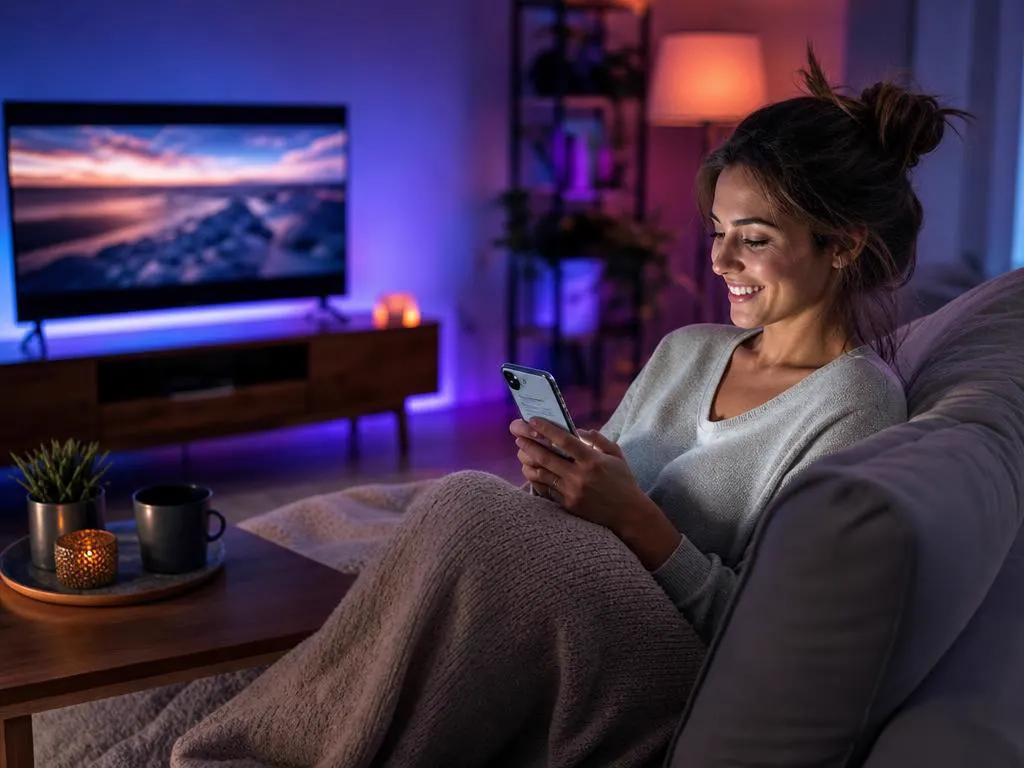 Smiling woman reading an email on her phone on the sofa, screen not readable