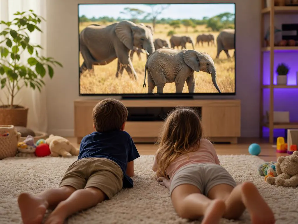 Two kids on a rug watching a wildlife documentary on a TV