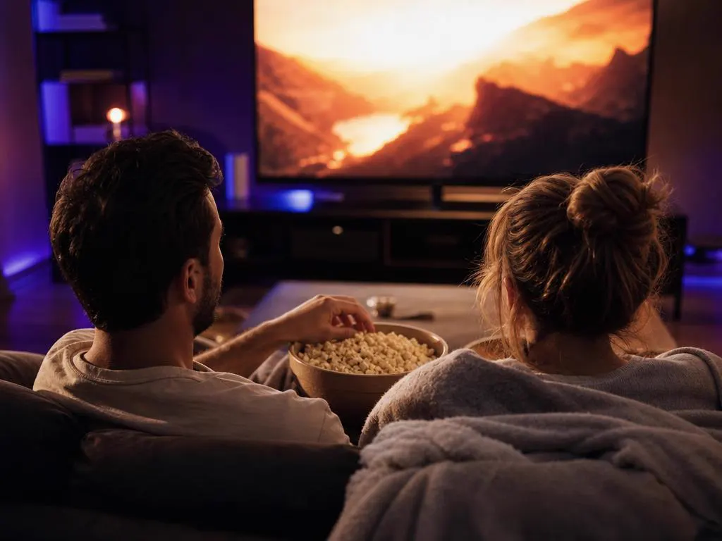 Couple with popcorn watching a movie on a large TV in a dark room