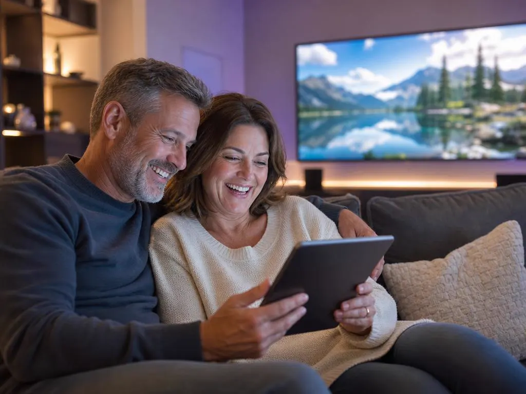 Couple happy with the price of their IPTV Smarters Pro subscription, relaxing in front of a large TV