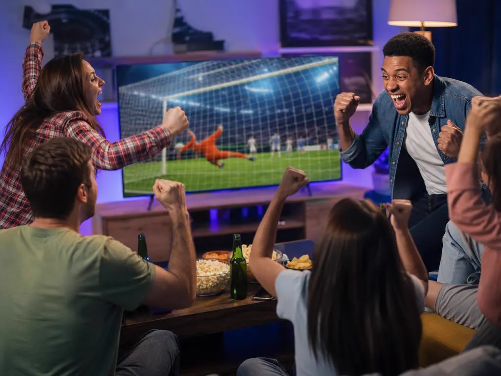 Friends celebrating a goal while watching live soccer on a big TV
