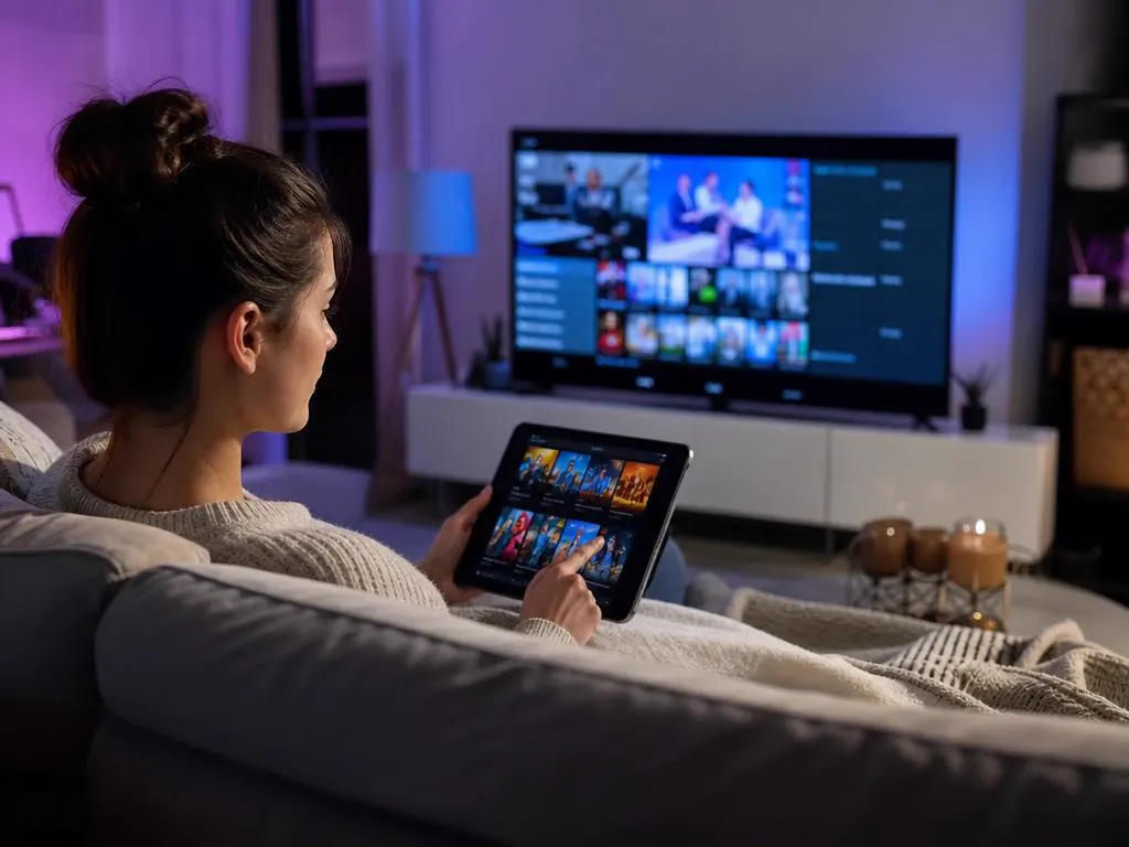 Living room TV and a tablet on the sofa showing two different player apps