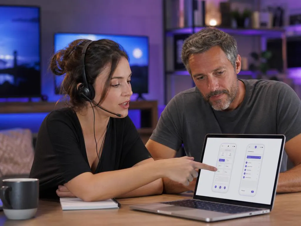 Support agent with a headset helping a customer compare apps on a laptop