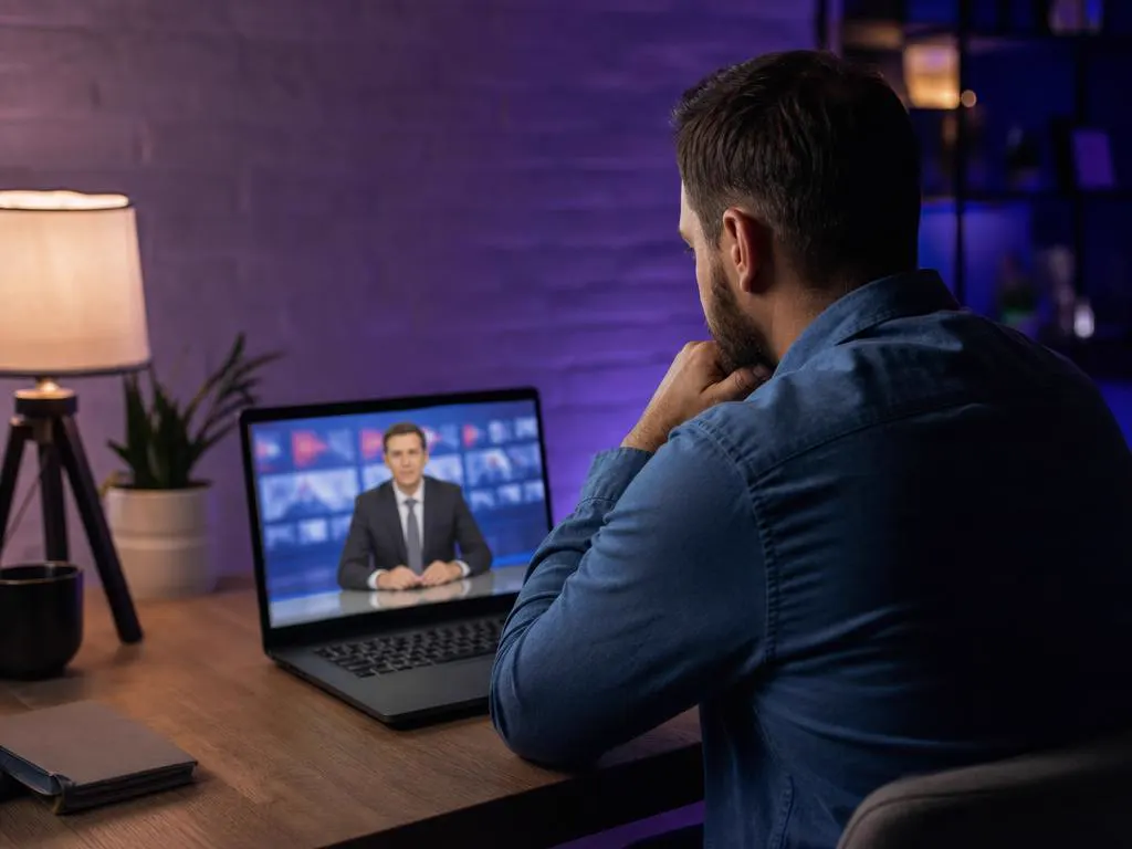 Man watching live news on a laptop at a desk