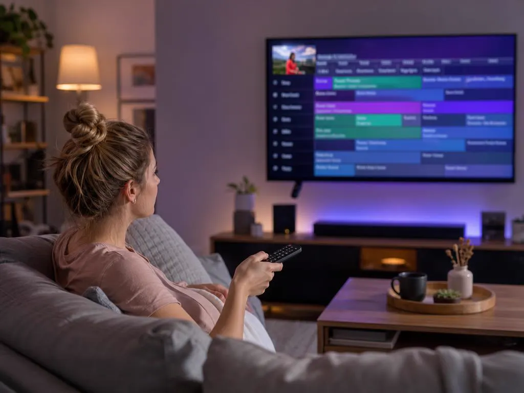 Living room TV showing a cable-style TV guide grid