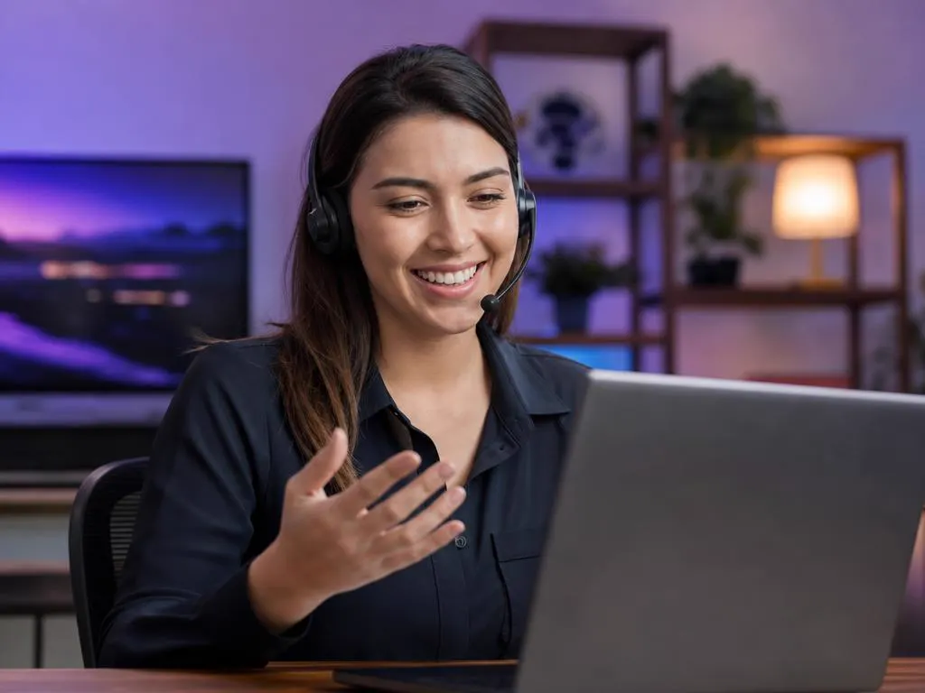 Smiling support specialist with a headset helping a customer on a laptop