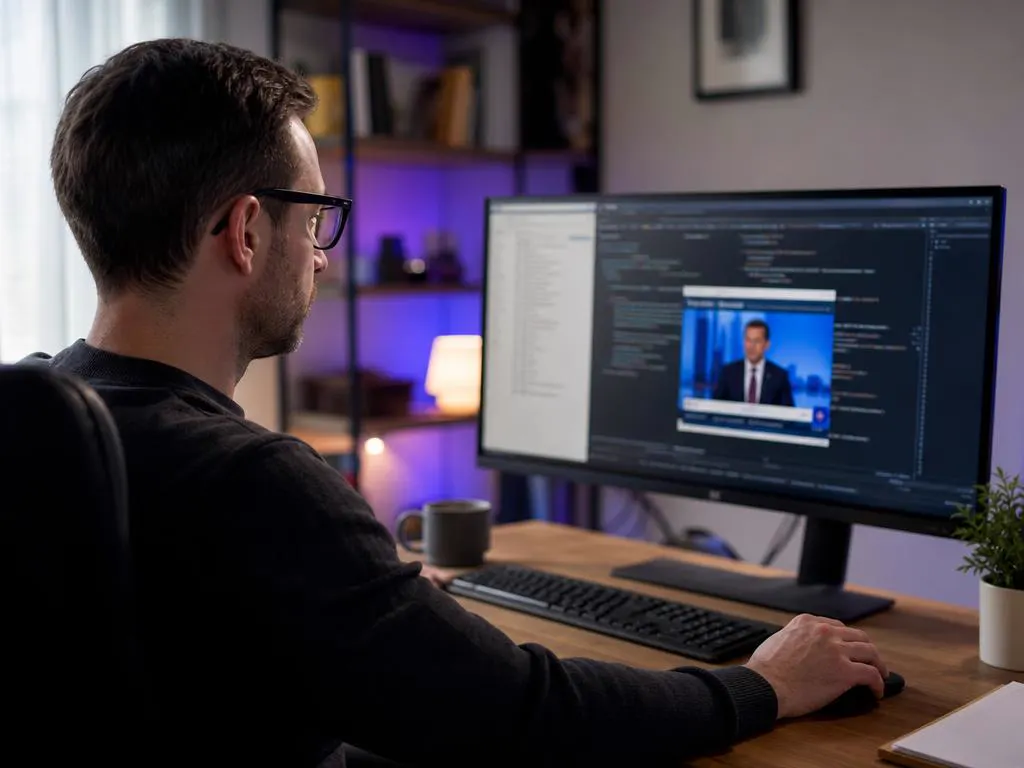 Man watching live news in a browser on a desktop monitor at work