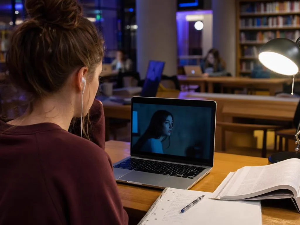 Student watching a series on a laptop in a library study room