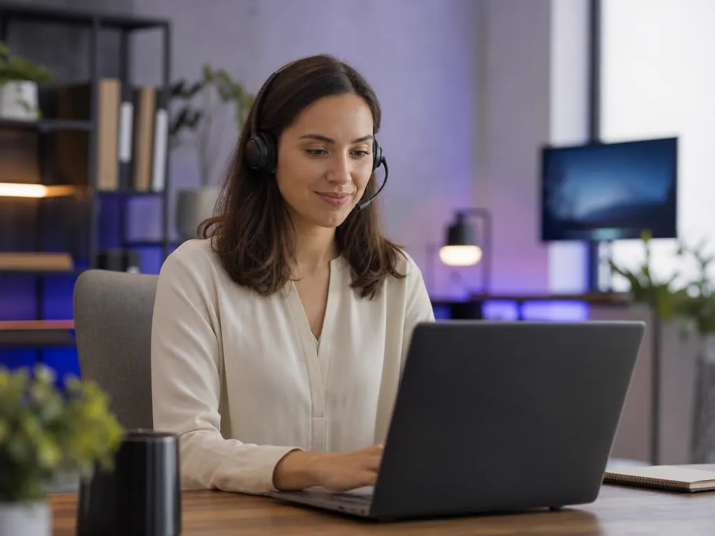 Support agent with a headset answering a chat on a laptop in a bright office