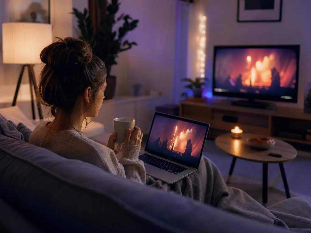 Woman watching a movie on a Windows laptop on the sofa
