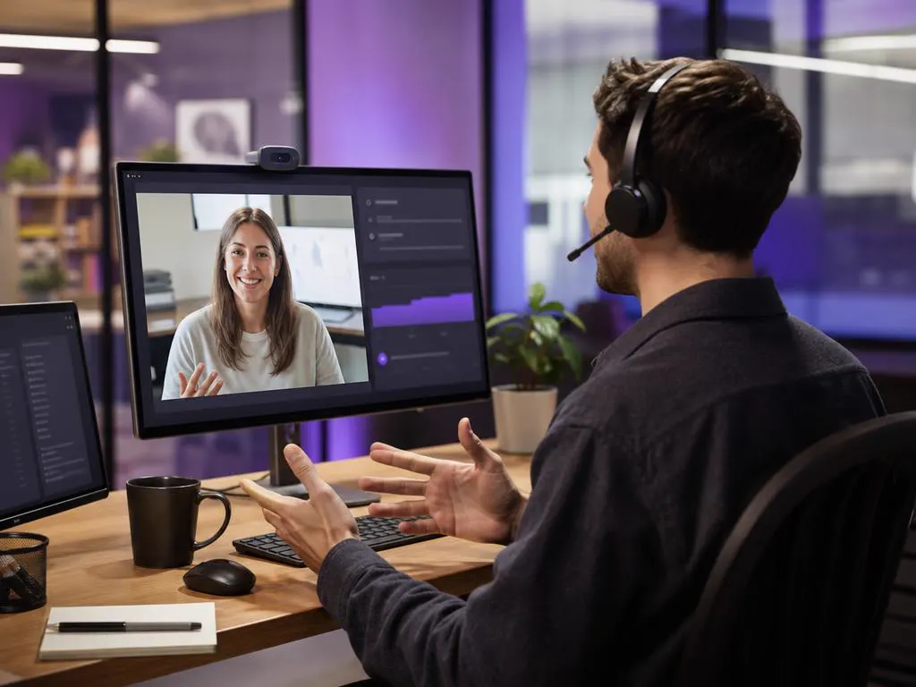 Support agent at a desk helping a customer over a video call