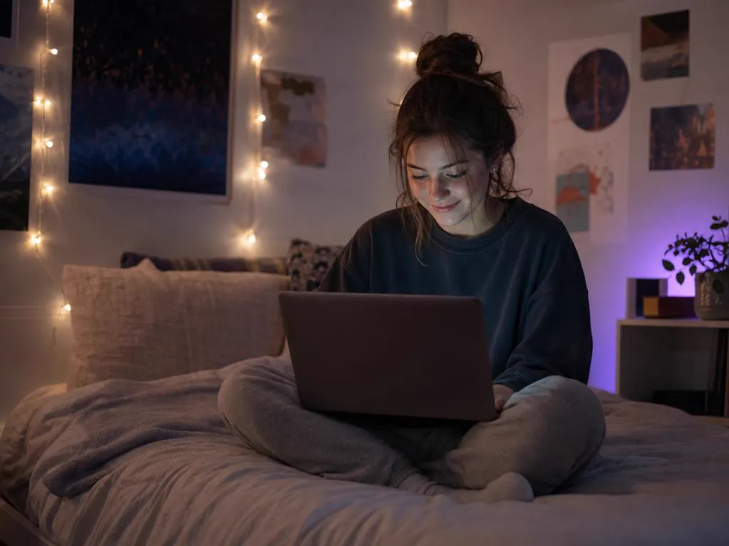 Student watching a series on a laptop in a dorm room