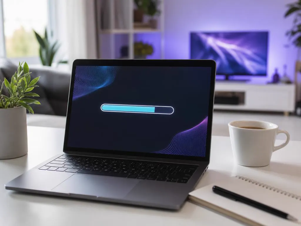 Laptop on a desk showing a clean download progress bar made of abstract shapes