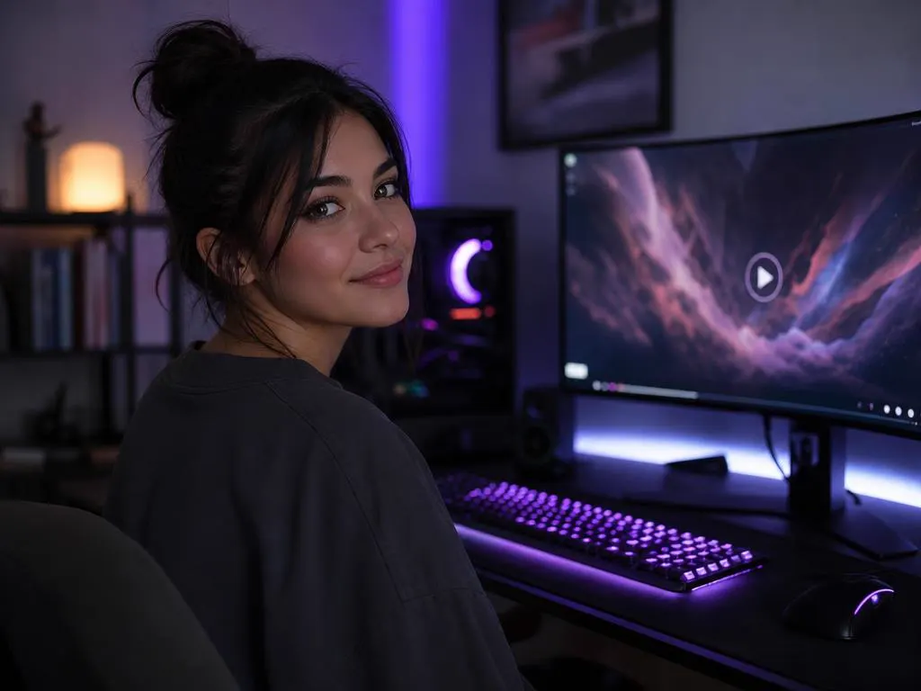 Gaming PC setup with a large monitor showing an abstract video player