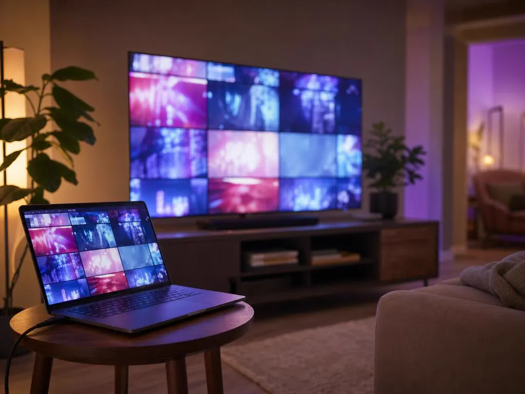 Laptop running the IPTV Smarters Pro Windows app connected to a TV by HDMI