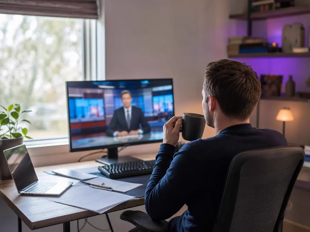Home office with a desktop PC showing a live news channel beside work documents