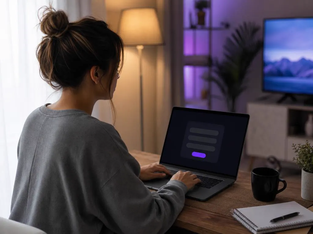 Woman typing login details on a laptop with three empty rounded fields on screen