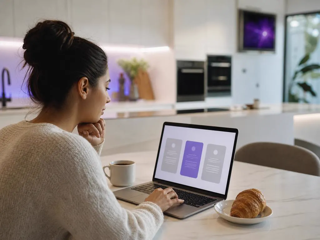 Woman choosing a plan on a laptop at a bright kitchen table, screen not readable