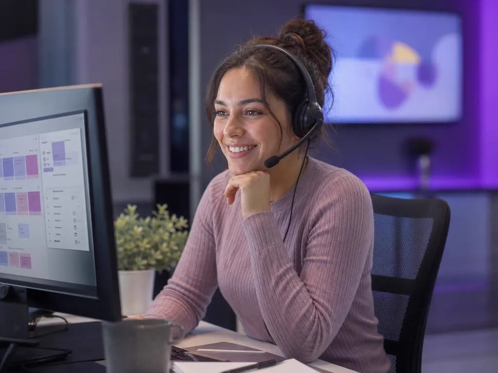 Support specialist with a headset smiling in a modern office with purple accents