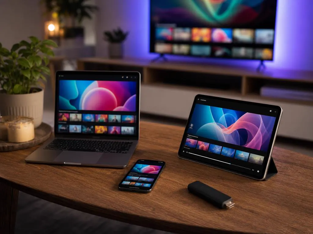 Streaming stick, smartphone, tablet and laptop arranged on a coffee table in front of a TV