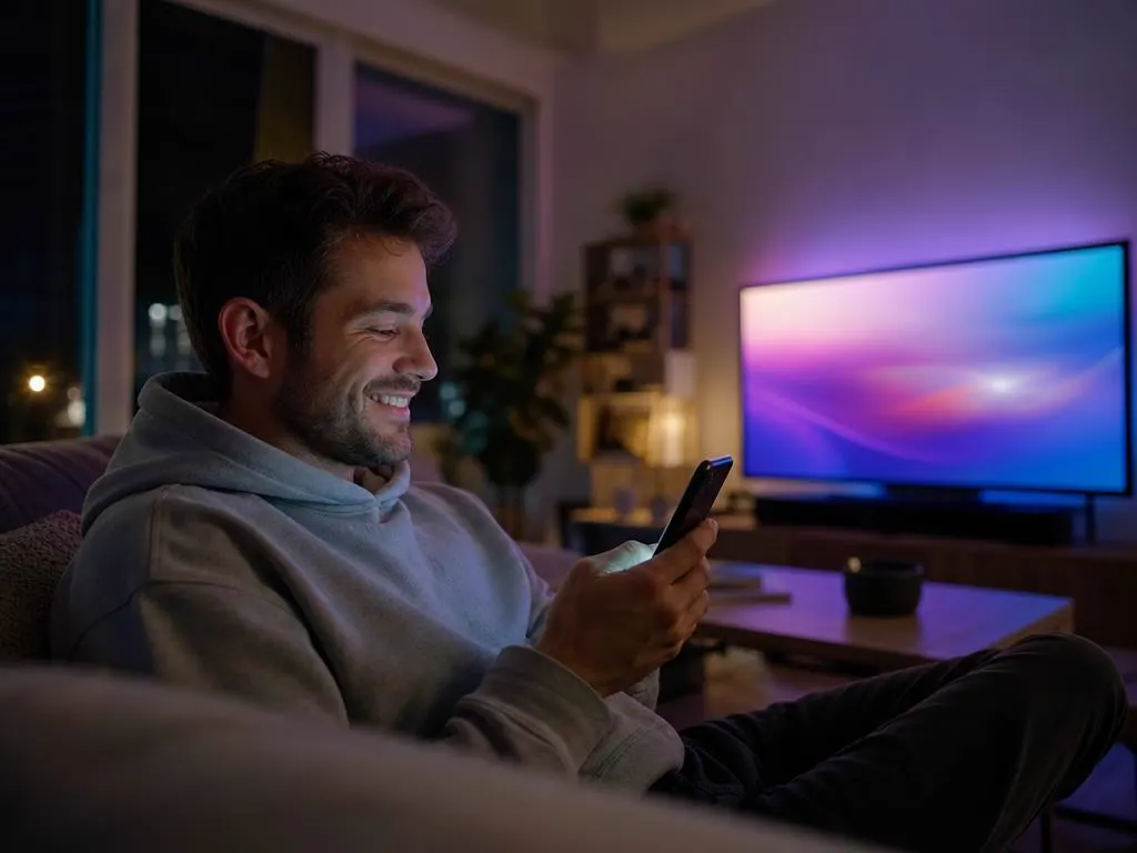 Man checking his phone with a smile while a TV glows in the background