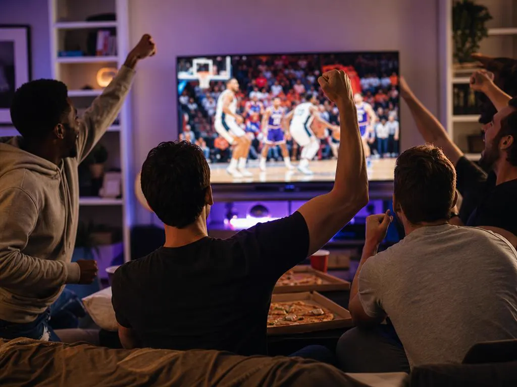Group of friends cheering at a live basketball game on a big TV