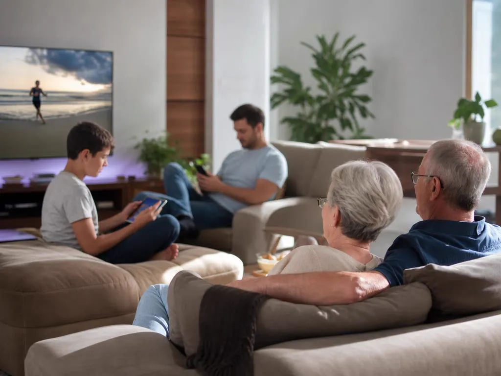 Multi-generation family in an open living room with a TV, a tablet and a phone