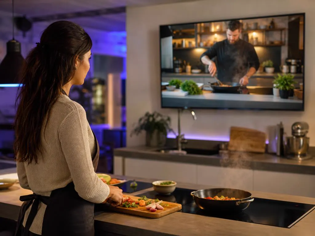 Woman cooking while a cooking show plays on a kitchen TV