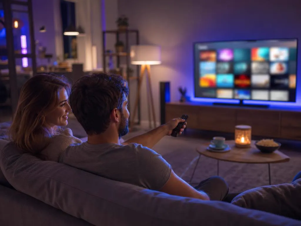 Couple pointing a remote at a large TV showing a colorful grid of abstract channel tiles