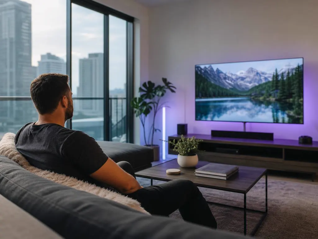 Modern condo living room with floor-to-ceiling windows and a TV playing a nature documentary