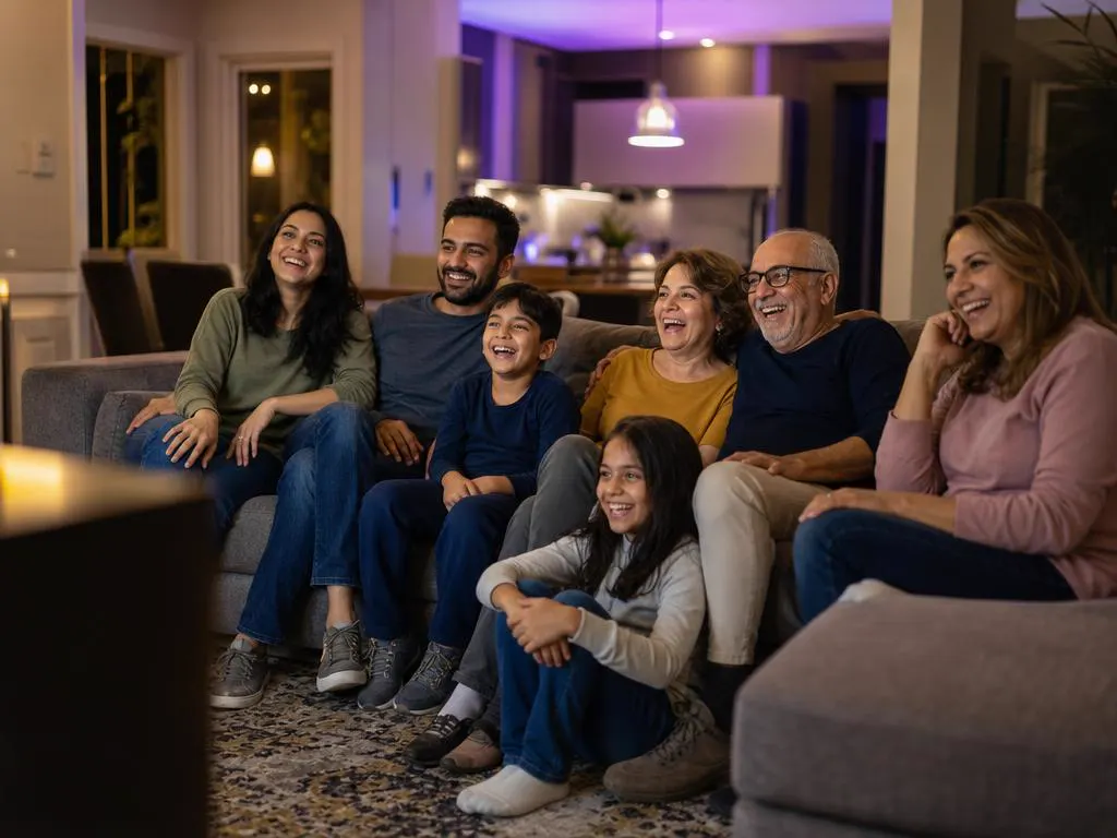 Multicultural family in a suburban living room enjoying IPTV Toronto together