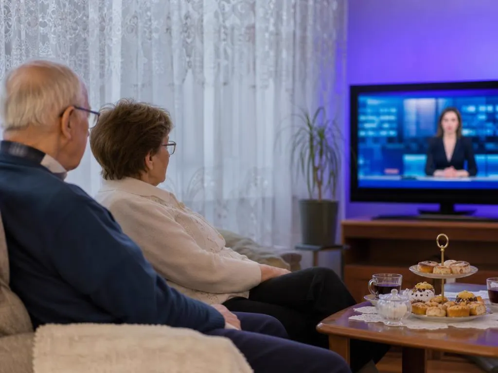 Grandparents in a cozy living room watching a Portuguese-language news show