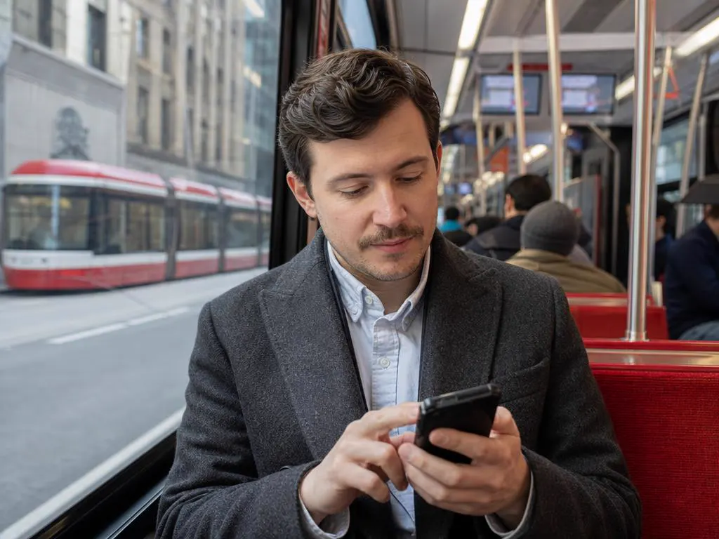 Commuter on a streetcar choosing a plan on a phone, city street outside