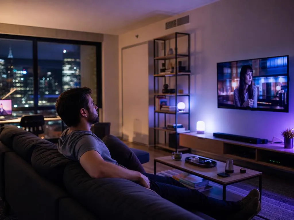 Young professional in a small studio apartment watching a series on a wall TV