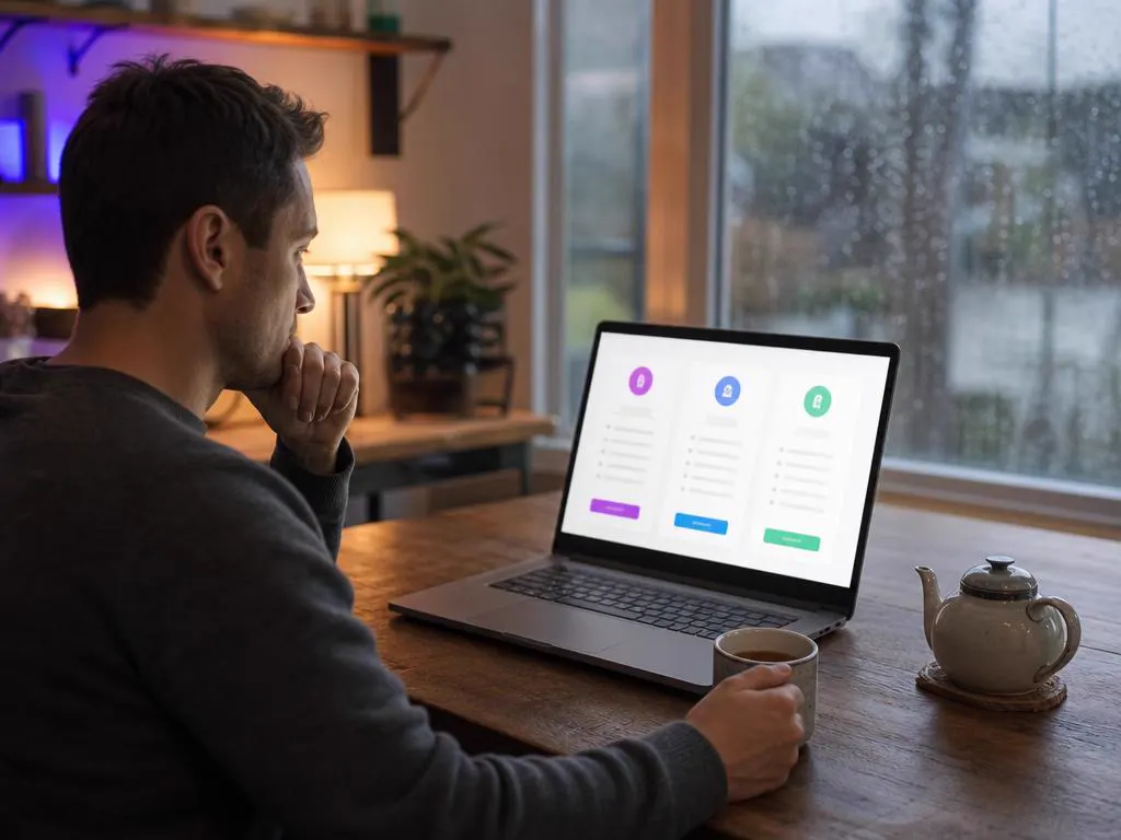 Man choosing a plan on a laptop at a wooden kitchen table with a cup of tea