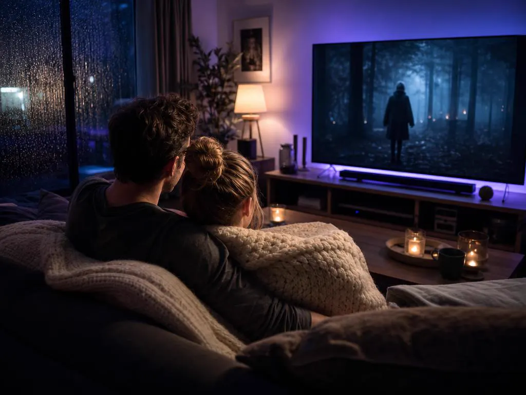 Couple under a blanket watching a series on a rainy evening